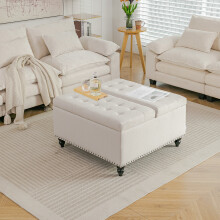 Square Linen Upholstered Storage Ottoman with Lift-Top & Flip Design, Beige