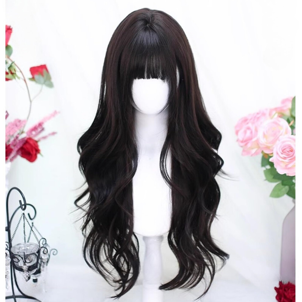 Long Wavy Synthetic Wig with Bangs for Women Black Curly Natural Wave Curls Breathable Glueless Cap
