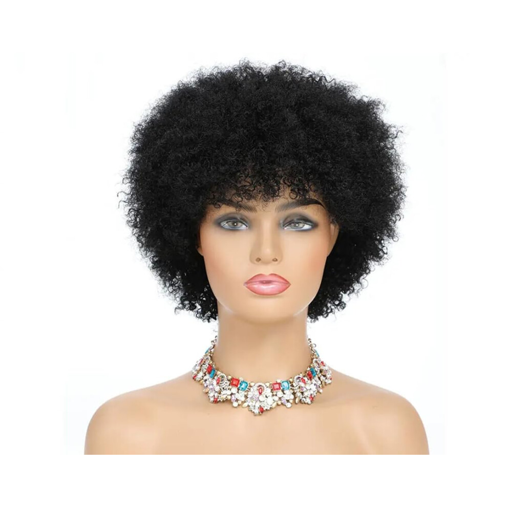 Unisex 10 Inch Short Afro Kinky Curly Remy Human Hair Wig For Women Natural Color No Lace Tangle