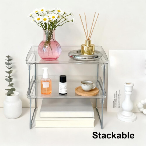 Kitchen Cabinet Organizer Shelf, Stackable TwoTier Pantry Storage Rack with Raised Edges, Clear Plastic 2