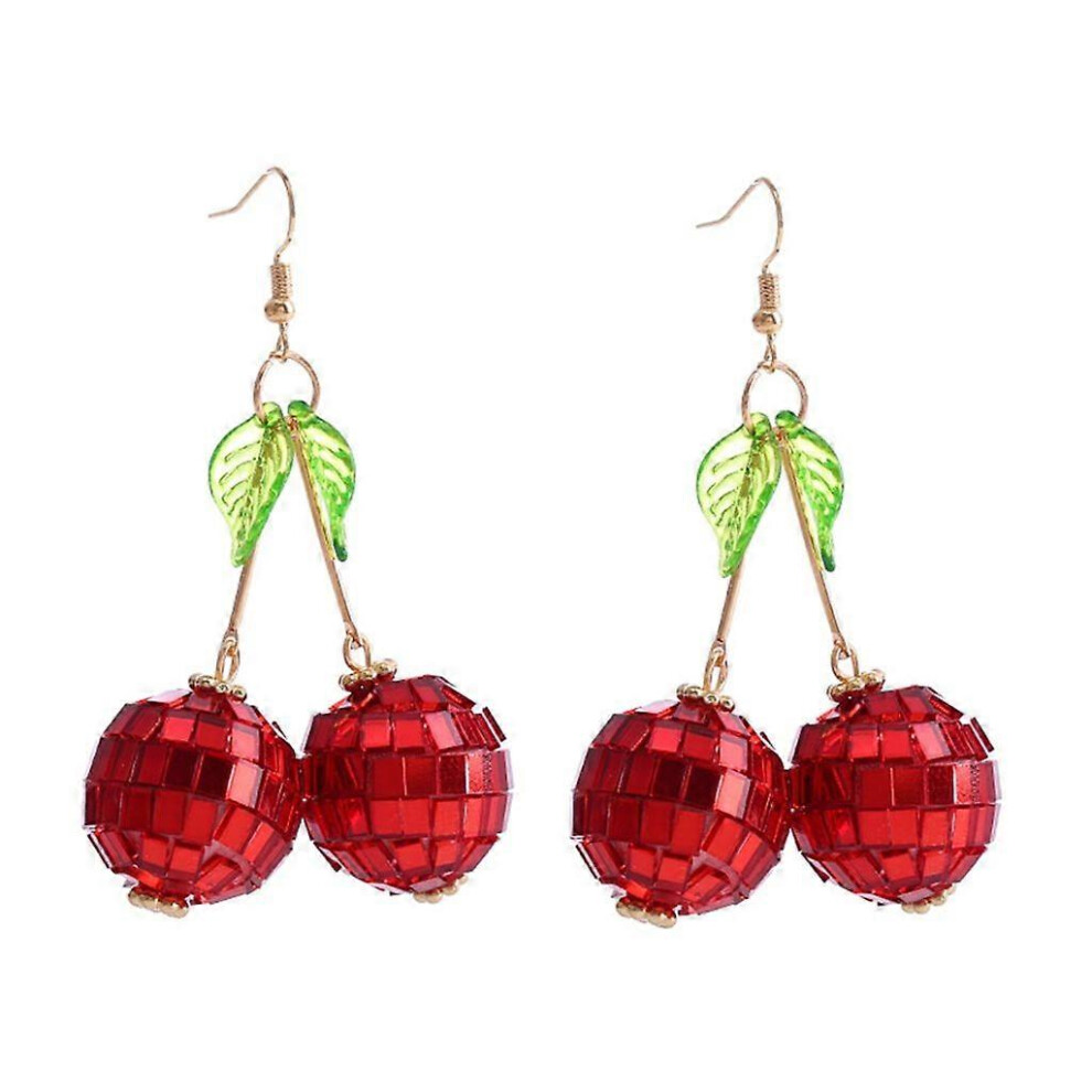 (As Show, One Size) 3D Red Cherry Fruit Drop Dangle Earrings Crystal Green Leaf Funny Earrings 5213747889387