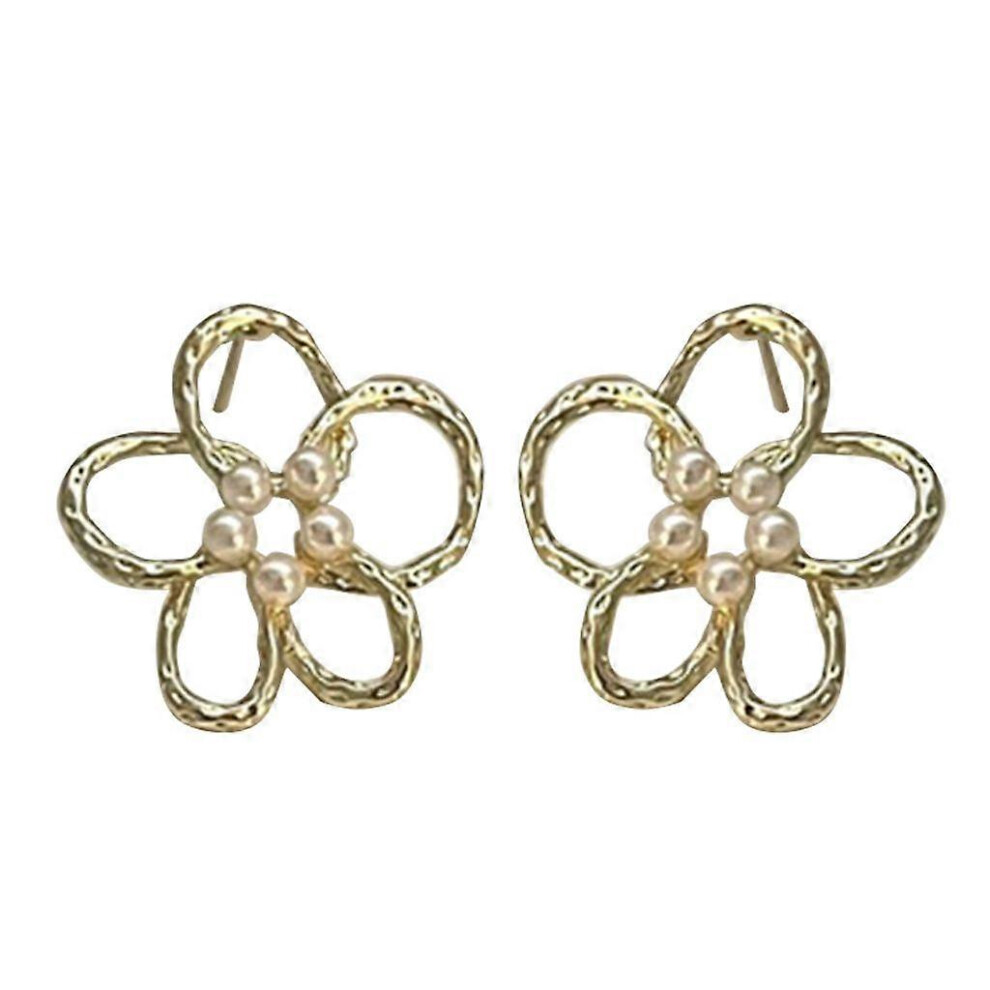 (As Show, One Size) Hollow Flower Studs Earrings Hollow Studded Pearls Ear Studs Copper Material 5213747867101