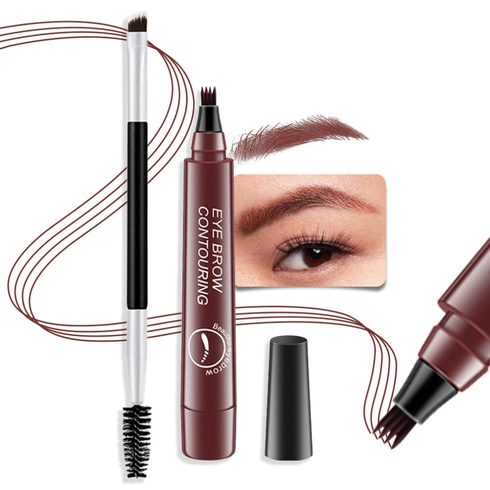 Microblading Eyebrow Pen Waterproof Longwear Dual Tip 4 Fork Brow Tattoo Pen Natural Red Brown