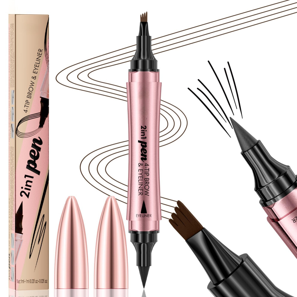 Black Waterproof Eyebrow Pen With 4Tip Microblading And Dual Eyeliner Pencil, Long Lasting