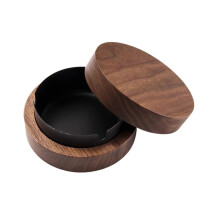 Wooden Walnut Ashtray with Windproof Lid and Detachable Steel Liner for Indoor Outdoor Use