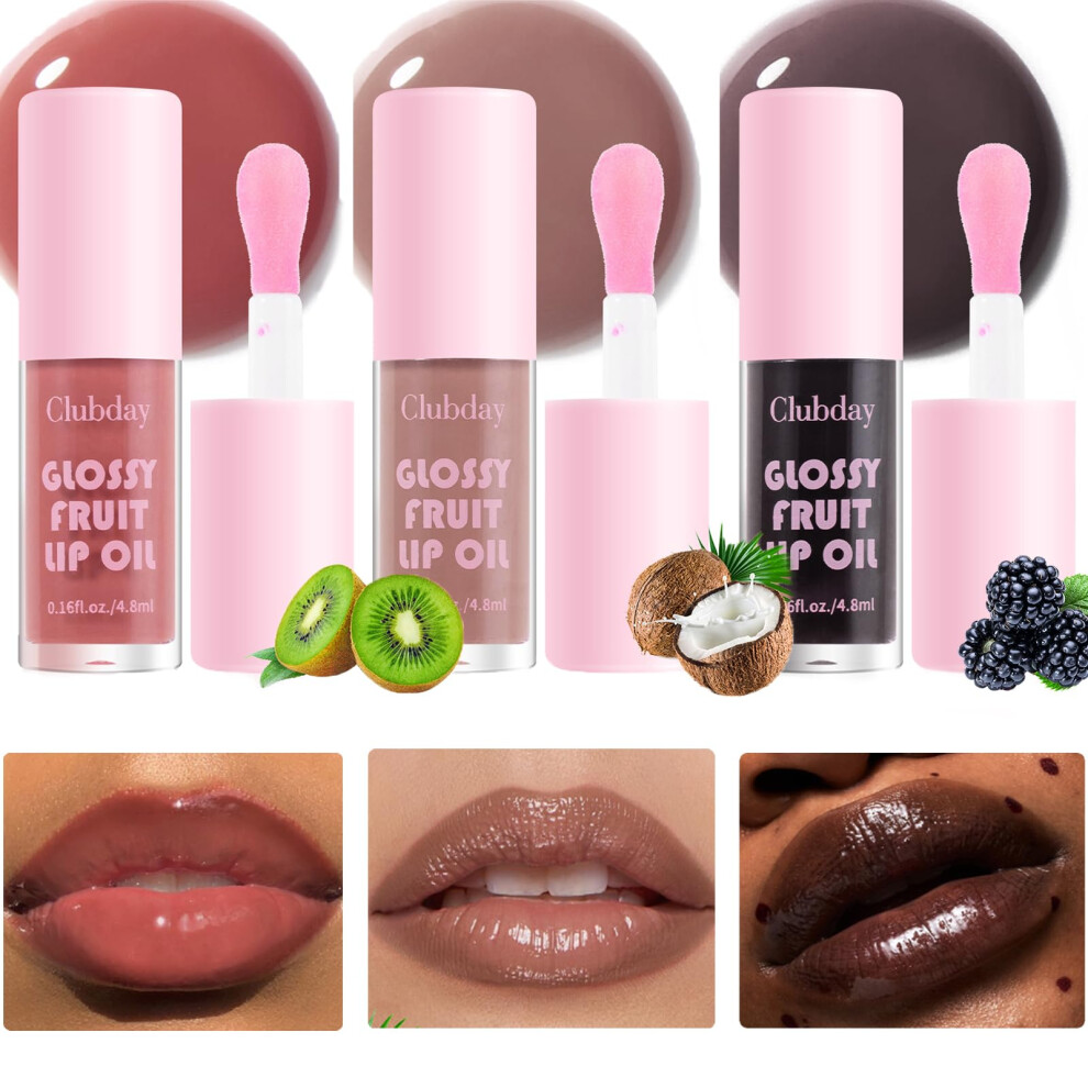 Pink,Black,Cream Lip Oil And Gloss Set, 3Pcs Pink Nude Black, Plumping Hydrating Nonsticky Longlasting Shine