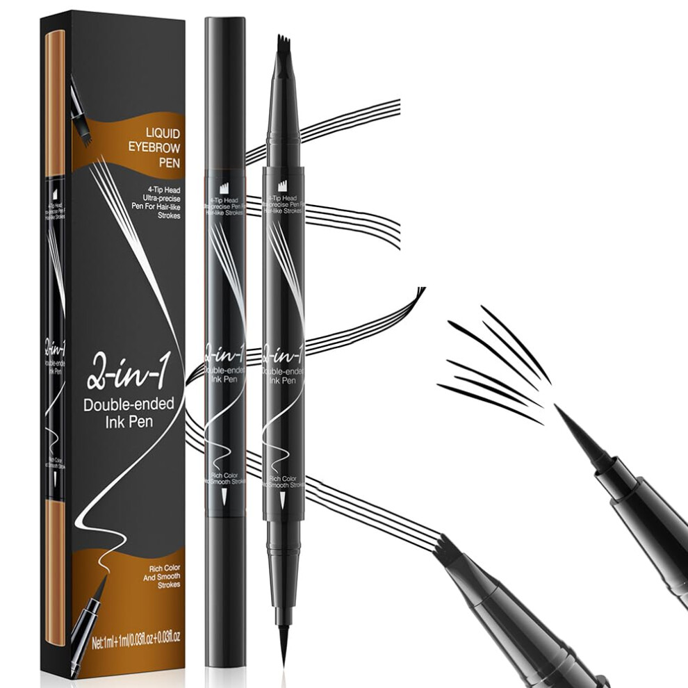 Black Waterproof Dualended Microblading Eyebrow Pencil With Brush, Longlasting 4Tip Pen 2 Pack