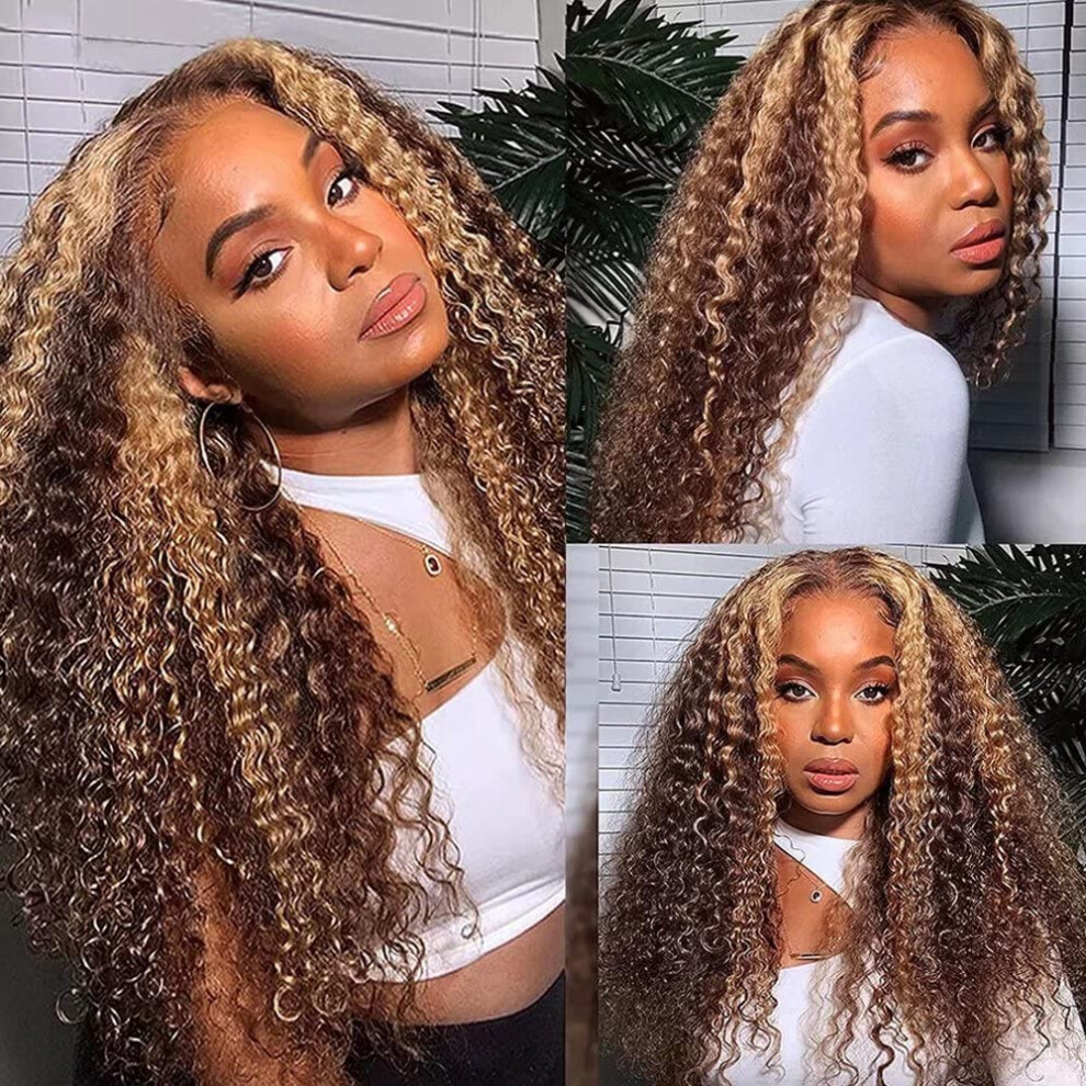Unisex Black Honey Blonde Lace Front Wig 13X6 Transparent Lace Frontal Deep Curly Brazilian Virgin Human Hair Pre Plucked For Women