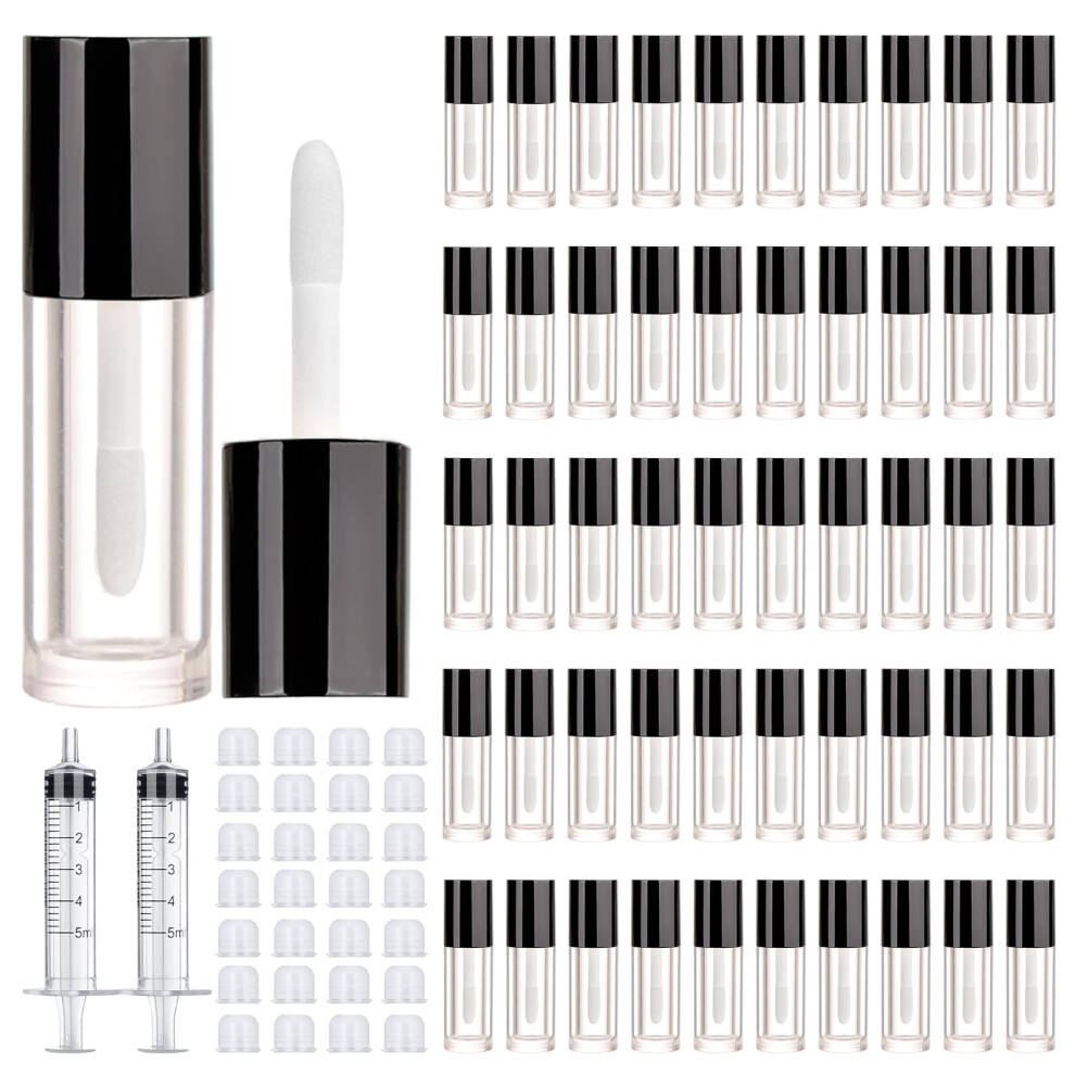 Black 50Pcs Clear Empty Lip Gloss Tubes With Wand 2.5Ml Refillable Leakresistant Containers For Diy Makeup + 2 Syringes (Black)