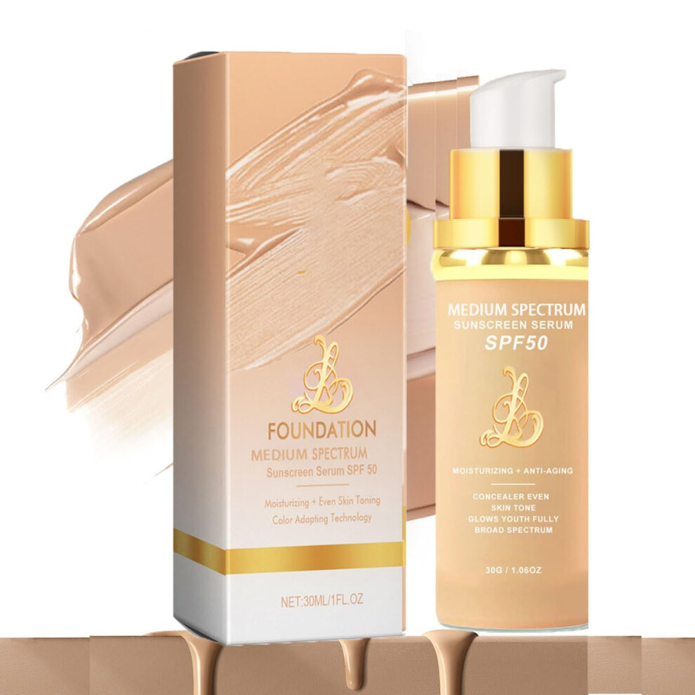 Liquid Foundation SPF50+ Waterproof Full Coverage, 24H Longlasting Lightweight Medium Shade