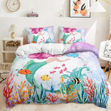 Mermaid Duvet Cover Twin Size Cotton Set for Kids Girls Boys Ocean Theme Breathable Quilt