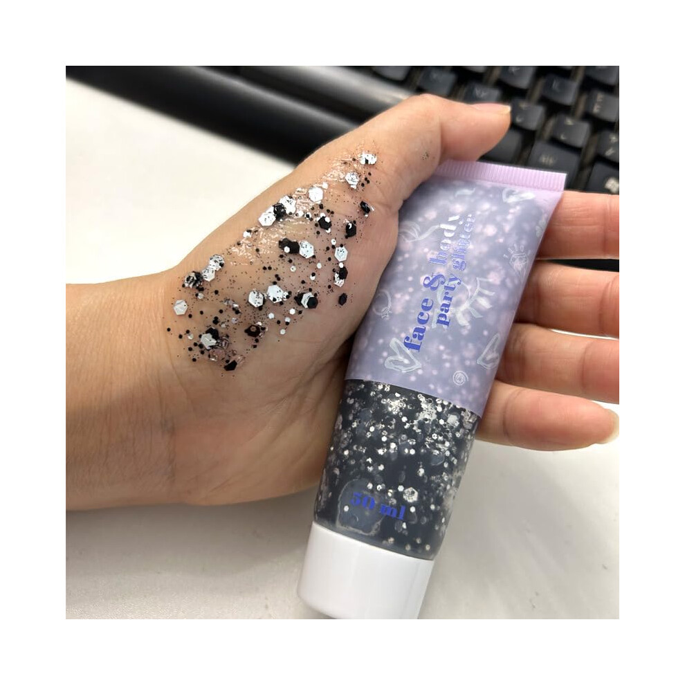 Black Body Glitter Gel With Chunky Holographic Sequins For Festival Face Hair Makeup, 50Ml