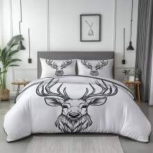 King Size Duvet Cover Set Soft Microfiber Reversible White Deer Head Print Bedding with Pillow Shams