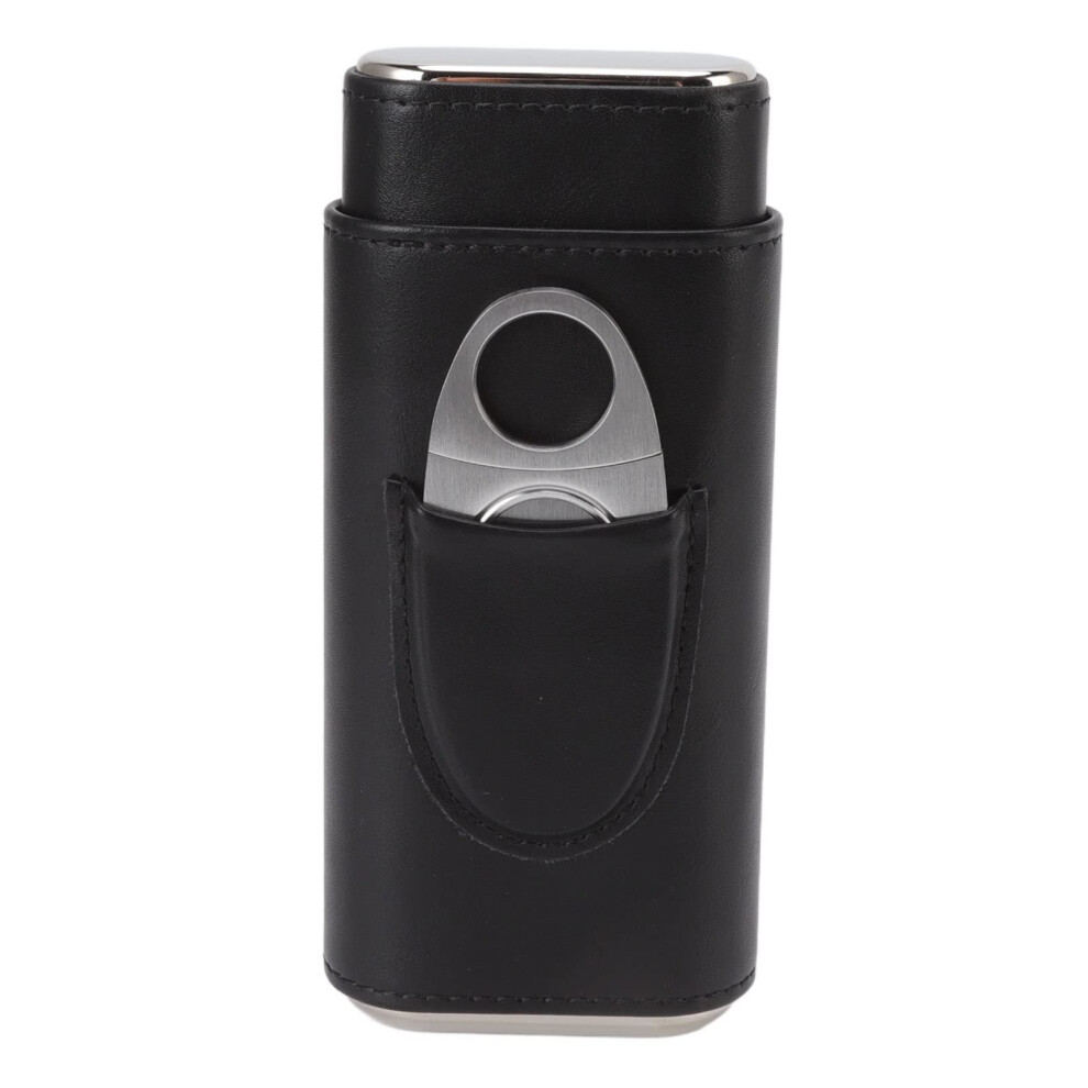 Black 3 Finger Leather Cigar Case With Cutter, Glossy Finish, Travel Cigar Holder For Men