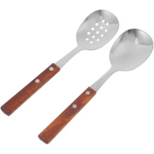 Serving Spoons Set with Slotted Spoon, Stainless Steel Wooden Handle, Large Kitchen Utensils