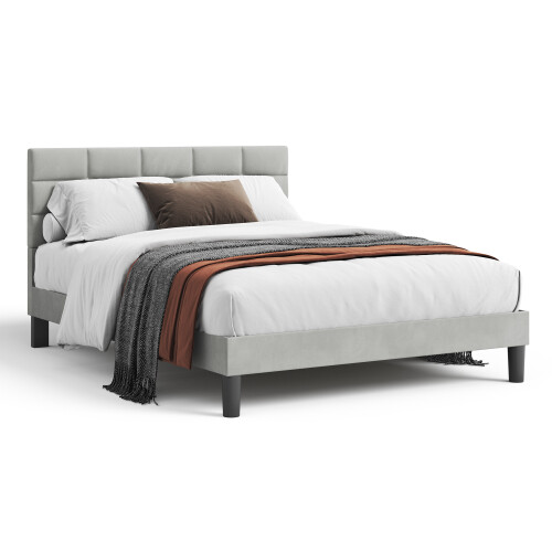 King Size Square Pull Dot Velvet Bed Frame Light Gray