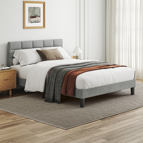 King Size Square Pull Dot Velvet Bed Frame Light Gray 2