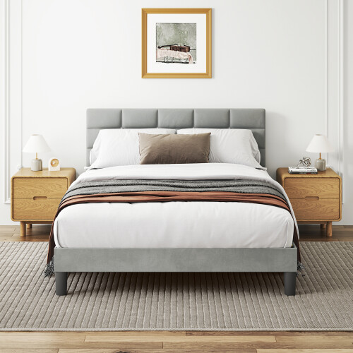 King Size Square Pull Dot Velvet Bed Frame Light Gray 1