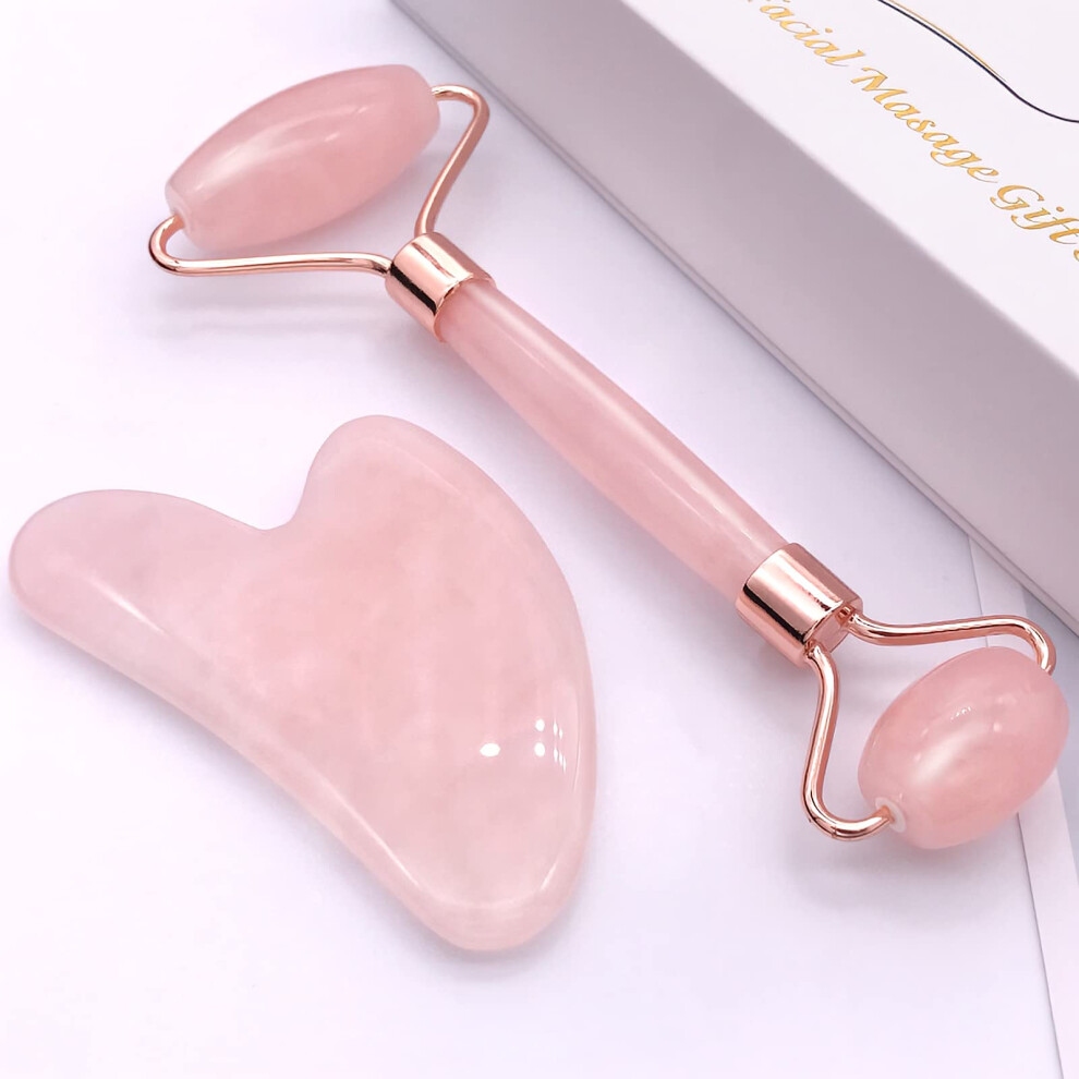 Rose Quartz Face Roller and Gua Sha Set for Facial Sculpting Massage, AntiWrinkle Skincare, GiftReady