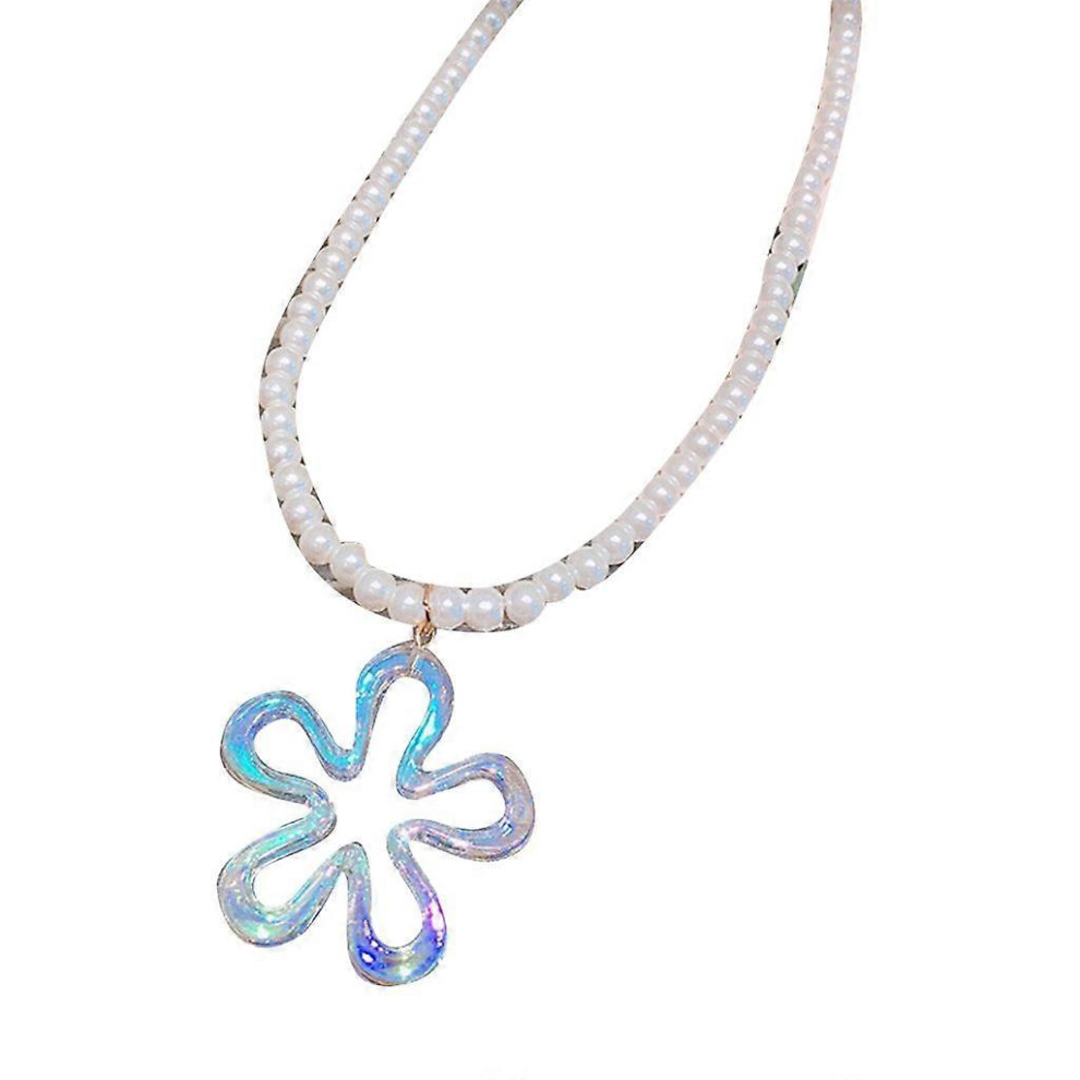 (As Show, M) Pearl Chain Necklace Colorful Crystal Flower Pendant Necklace Clavicle Chain 5213747874550