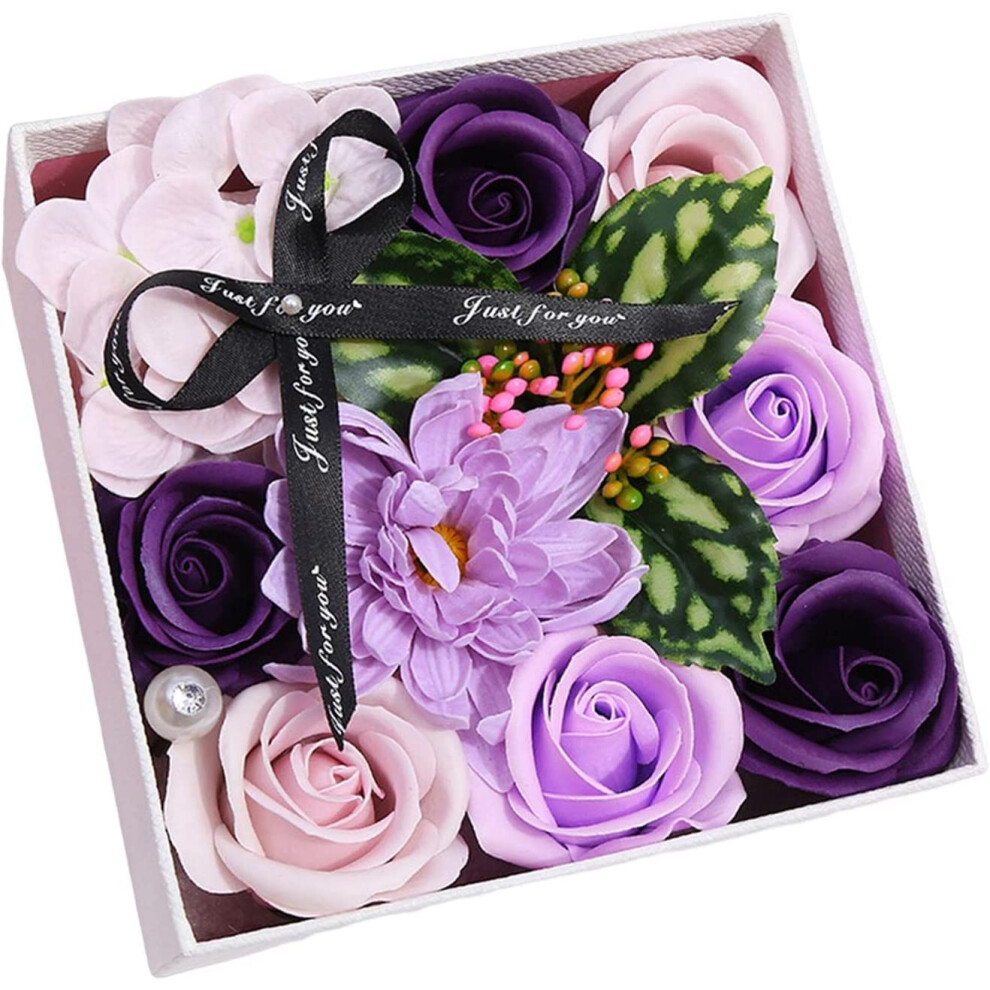 Soap Flower Bouquet Gift Box with Realistic Rose Design and Floral Scent for Mothers Day Valentine Purple
