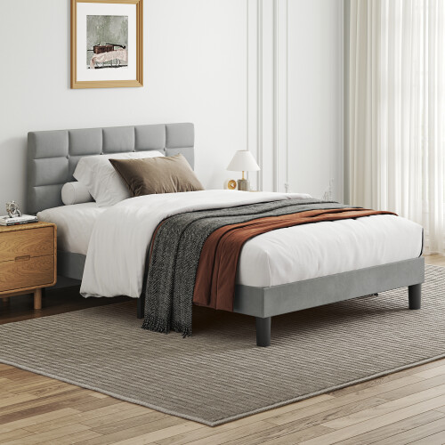 Double Bed Square Pull Dot Velvet Bed Frame Light Gray 2