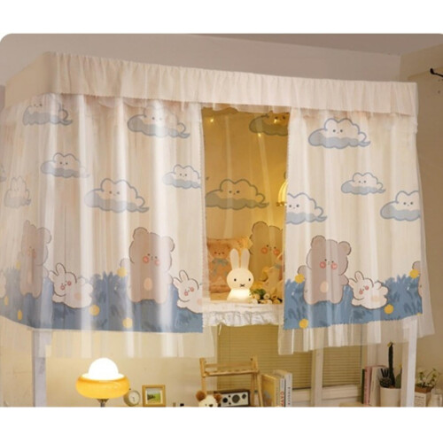Bunk Bed Curtains for Dorms, Breathable 50% Light Blocking Privacy Set with Shelf, Bear C Design