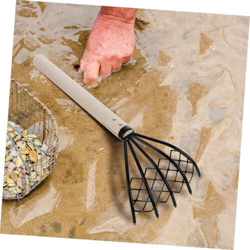 Clam Rake with Mesh Net, Ergonomic Wooden Handle, Lightweight Iron Tines for Beach Shellfish Digging 2