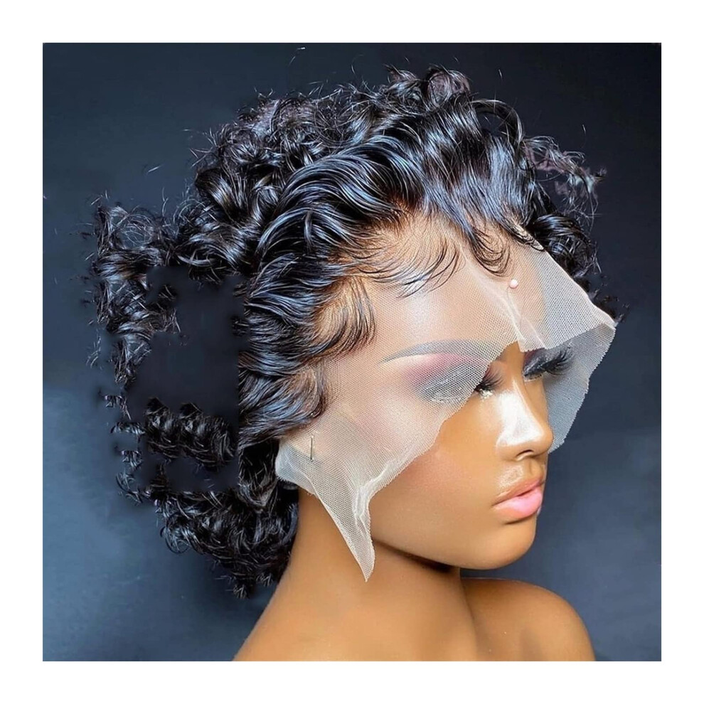 Unisex Pixie Cut Brazilian Remy Human Hair Lace Front Wig 13X1 Short Curly Water Wave Transparent Lace