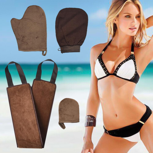 4 Pack Self Tanning Mitt Applicator Kit with Back Lotion Tool, Waterproof Lining, Soft Flocking, Brown 2