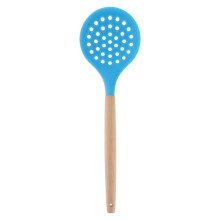 Silicone Skimmer Kitchen Strainer Spoon Heat Resistant NonScratch with Wooden Handle Blue