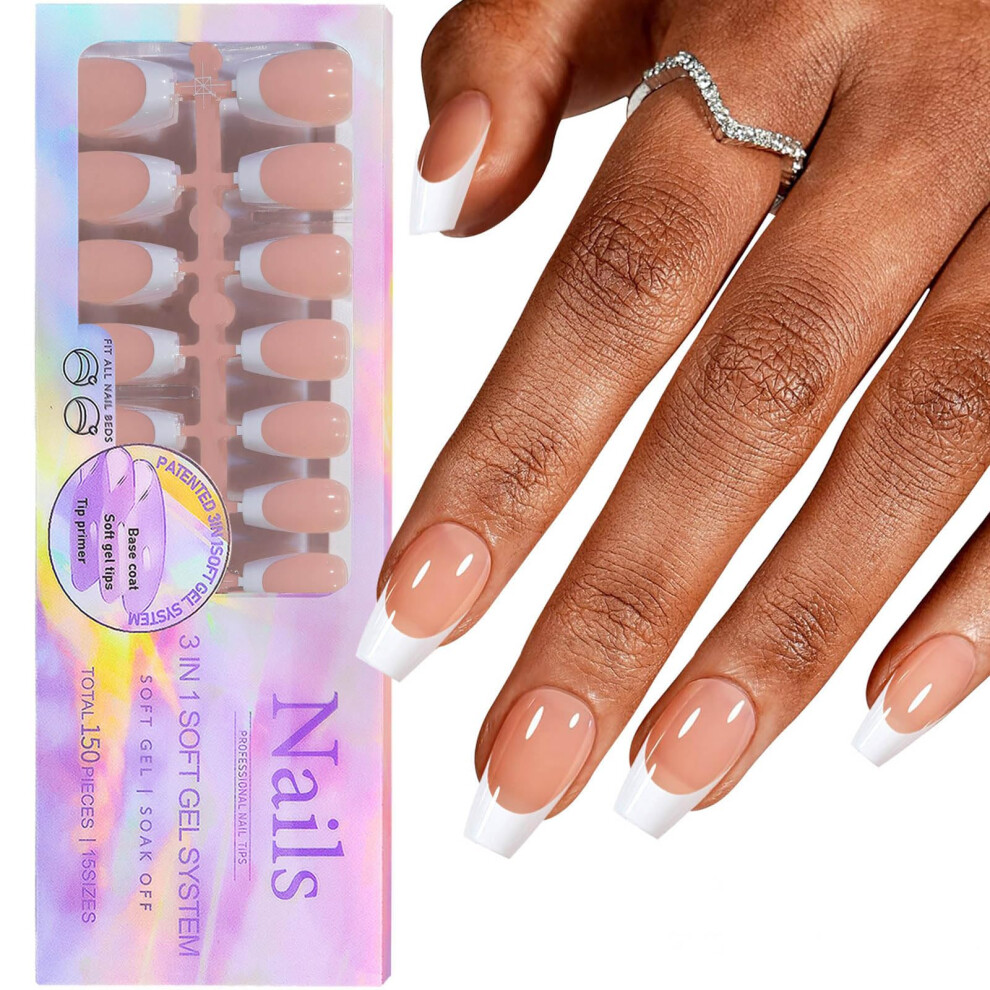 French Tip Gel Nails 150pcs Long Square Soft Gel Nail Tips with Primer and Base Coat for Salon or DIY