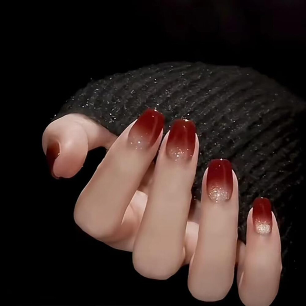 Red Wine Cat Eye Press On Nails 24Pcs Short Coffin Gradient Sparkle Reusable Glossy Acrylic False Nails