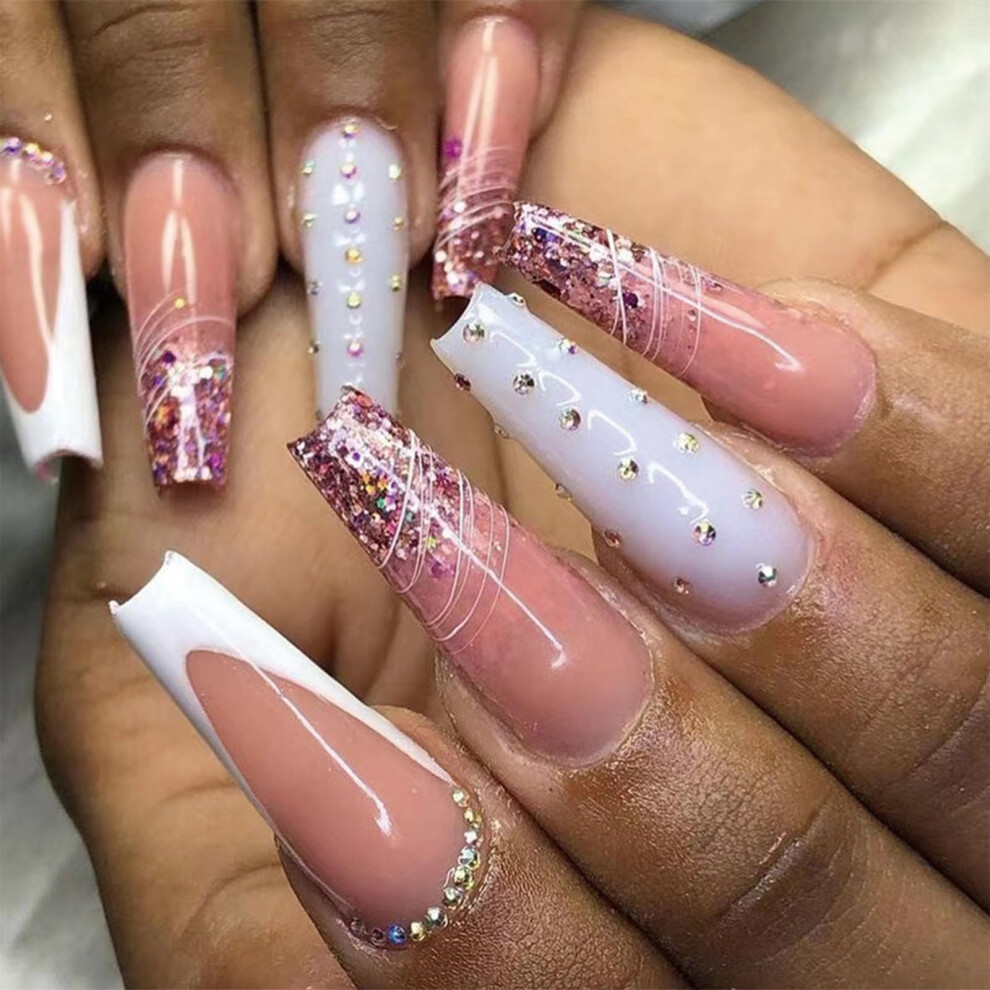 Pink,White Long Coffin Press On Nails With Glue White And Pink Glitter 24Pcs Salonstyle Durable False Nails