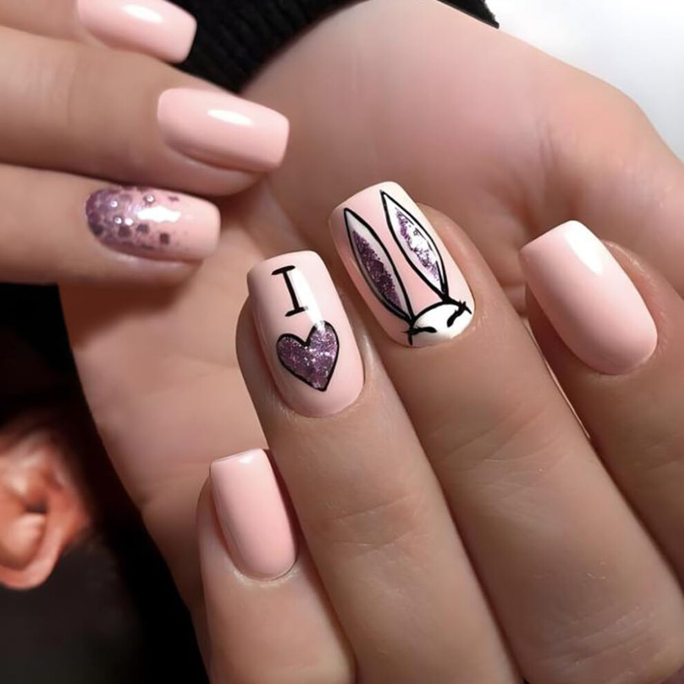 Easter Press On Nails with Glue, Pink Rabbit Acrylic Fake Nails with Glitter, Reusable Square 24pcs