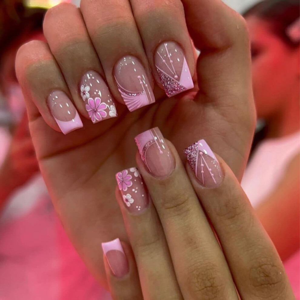 Pink Short Square Press On Nails 24Pcs With Glue, French Tip Floral Acrylic False Nails, Salonstyle Finish