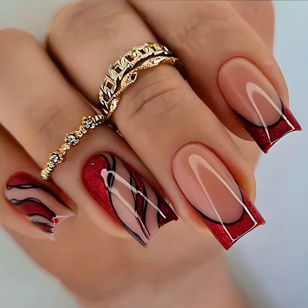 Red Medium Coffin French Tip Press On Nails With Ripple Stripes, Longlasting Reusable Acrylic Set