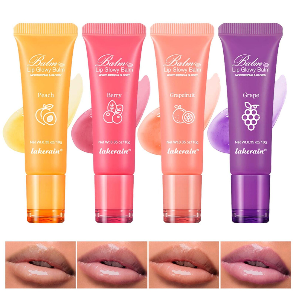 Peach 4 Piece Lip Balm And Gloss Set With Plumping Effect, Tinted Glowy Balm And Overnight Hydration Mask (Grape, Berry, Grapefruit)