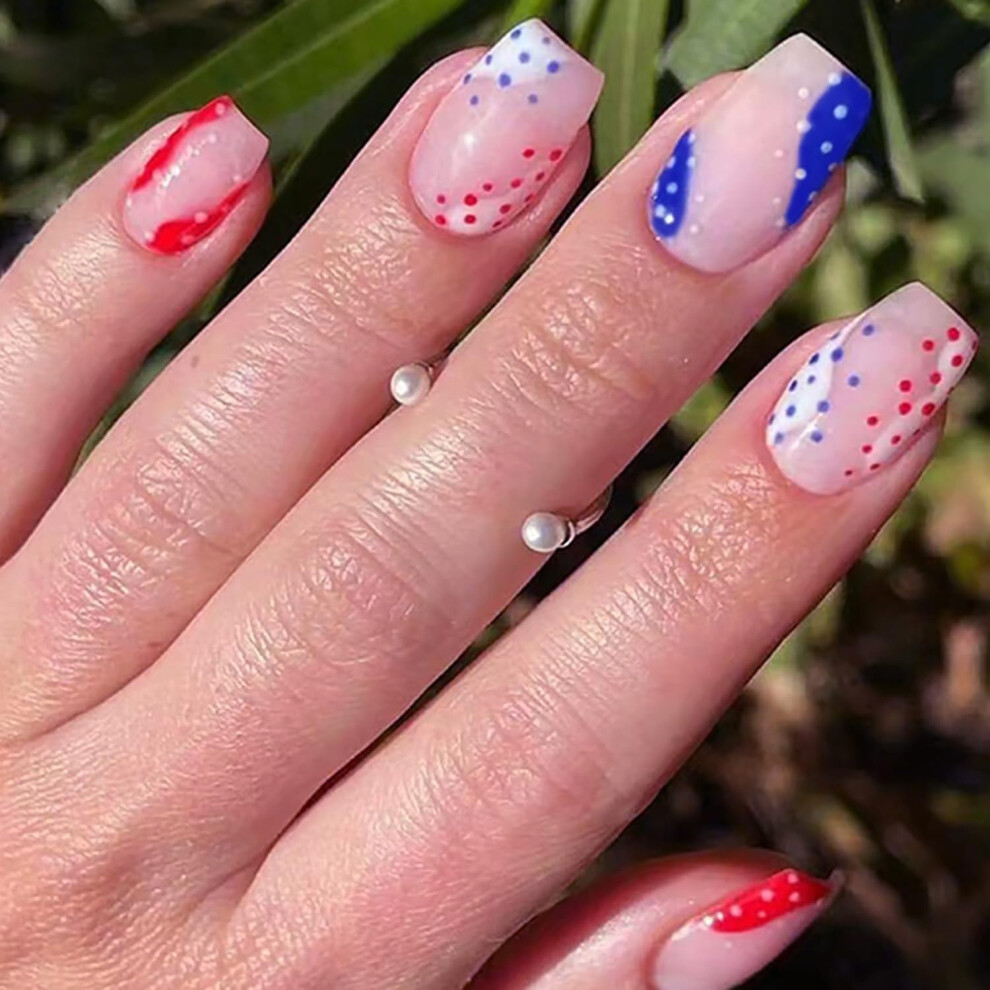 Blue,White,Red 24 Pcs 4Th Of July Press On Nails Red White Blue Patriotic Fake Nails Glossy Acrylic Glue On Set