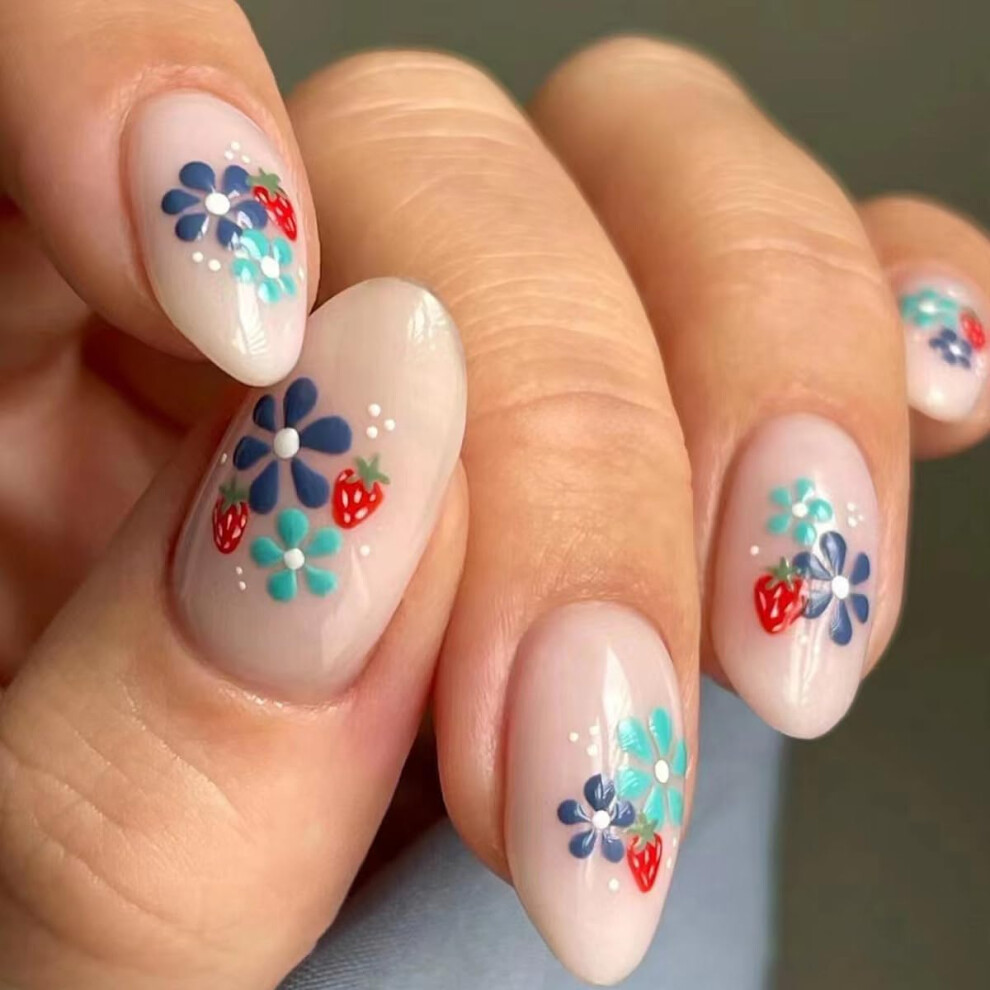 Strawberry Flower French Tip Press On Nails Kit, 24pcs Reusable Glue Sticker Set, Natural Gel Finish