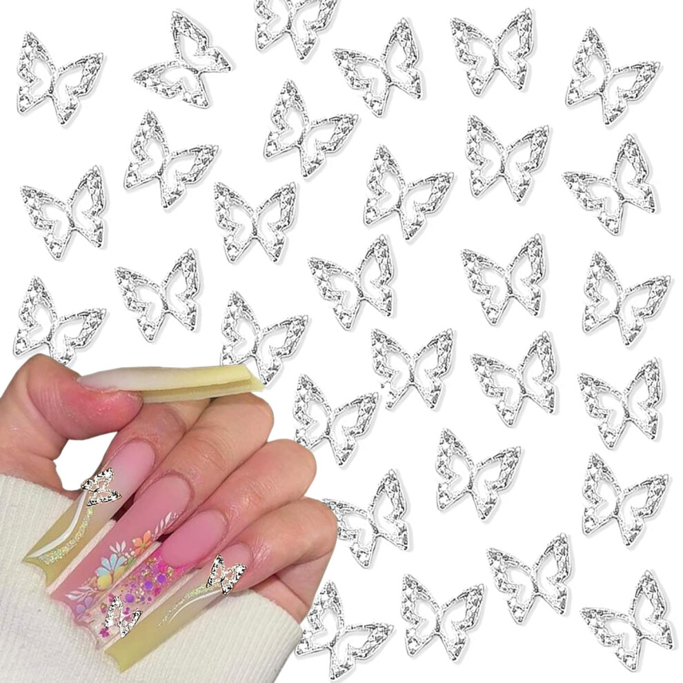 Silver 50Pcs Butterfly Nail Charms 3D Alloy Rhinestones Set For Acrylic Nails Art Decorations