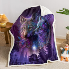 Sherpa Fleece Blanket Queen Size with Purple Galaxy Wolf Pattern, Cozy Soft AllSeason Throw for Bed Couch