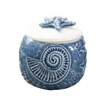 Ceramic Sugar Bowl with Lid for Coffee and Tea, Blue Starfish Design, Freshness Preserving Jar