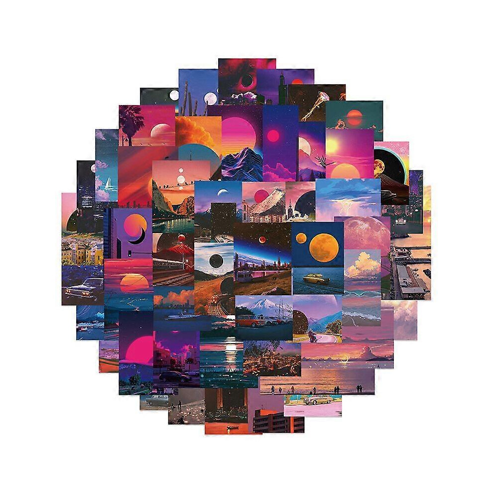 (As Show, One Size) 50Pcs Cartoon Sunset Illustration Stickers Laptop Scrapbooking Graffiti Sticker 3671082439865