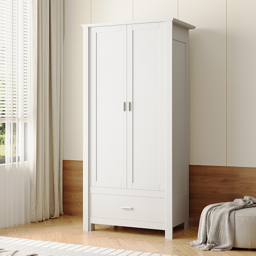 Living And Home Modern Double-Door Wardrobe with Drawer & Hanging Rail, White