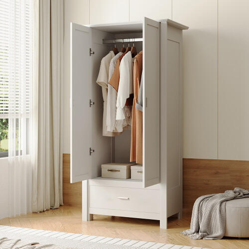 Living And Home Modern Double-Door Wardrobe with Drawer & Hanging Rail, White 1