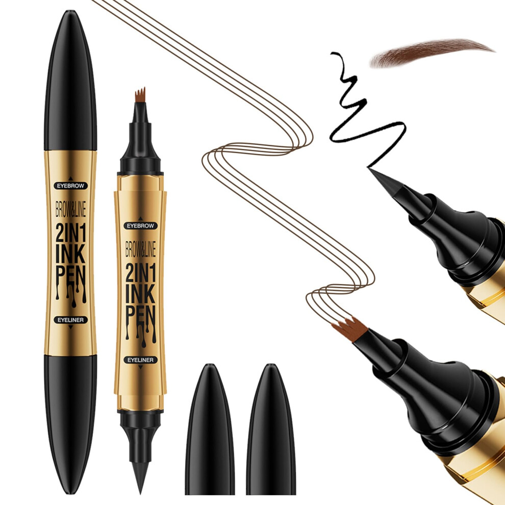 Brown Microblading Eyebrow Pen With Eyeliner, 2 In 1 Waterproof 4 Fork Tip Pencil Dark