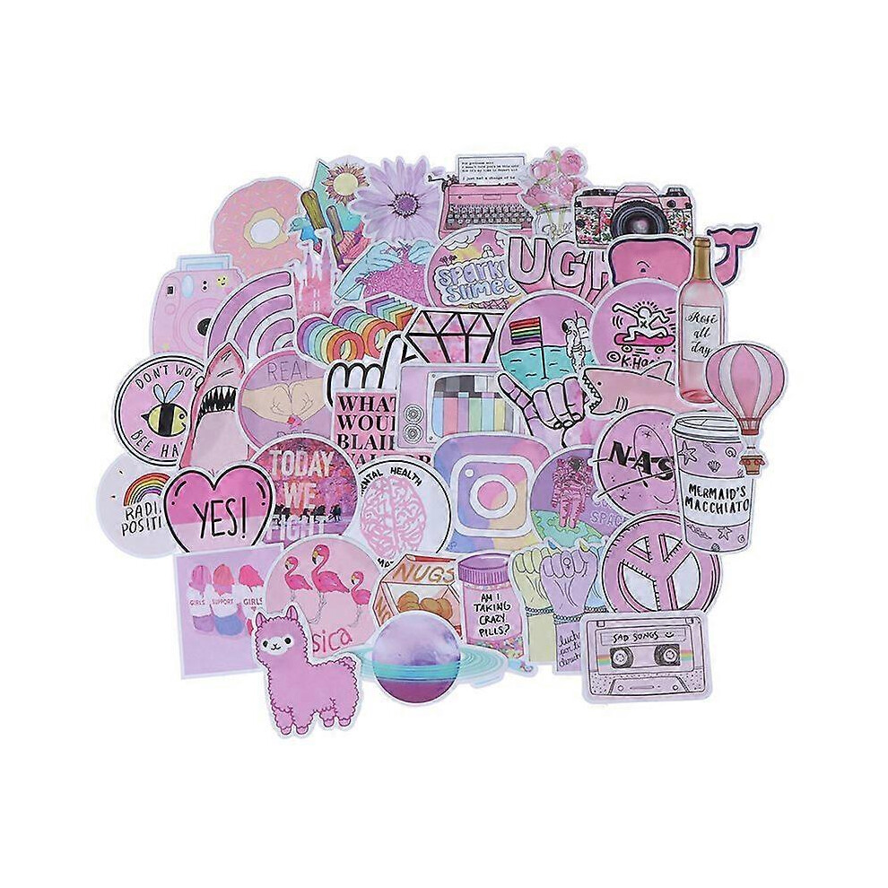 (As Show, One Size) 53Pcs Kawaii Pink Fun Stickers Luggage Scrapbook Suitcase Laptop Car Stickers 7371837692113