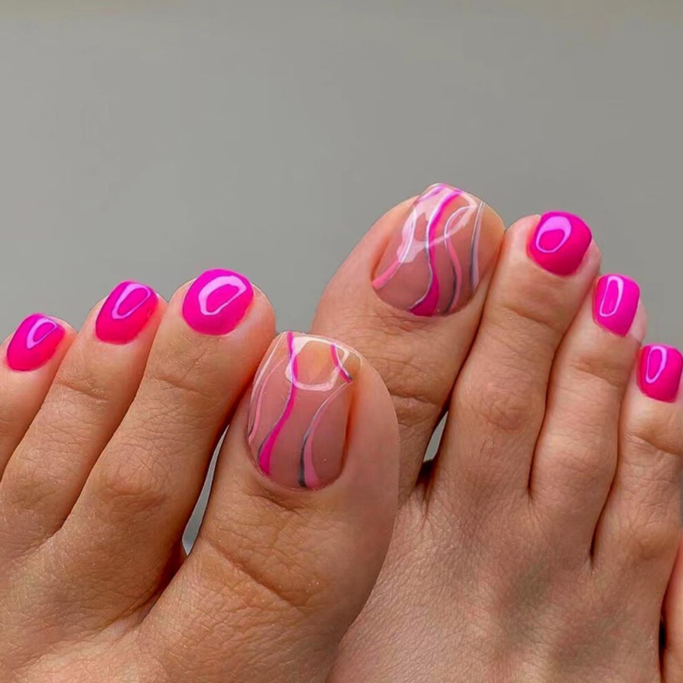 Pink Hot Press On Toenails For Women Short Square Acrylic Fake Toenails With Glue Salon Shine
