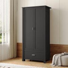 Modern Double-Door Wardrobe with Drawer & Hanging Rail, Black